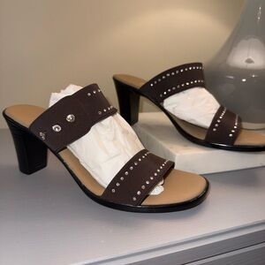 NWOB- Onex Two Strap Brown Rhinestone Classy Heel/Slide/Slip On Size 7